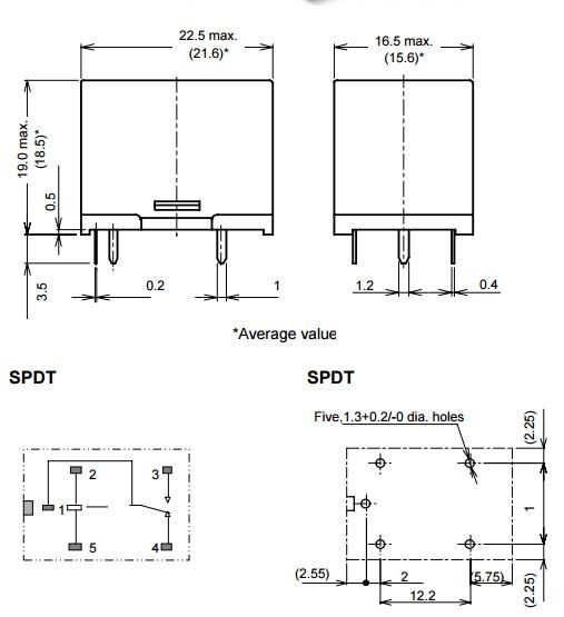 Relejs DC5V, SPDT, 16A/250VAC, 10A/35VDC, 62.5Ω(80mA), viens kontakts uz pārslēgšanu, 22.5x16.5x19mm, OMRON