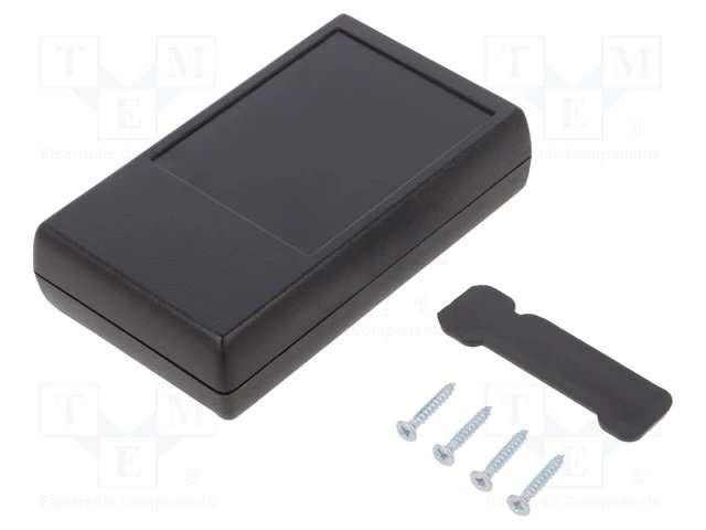 Plastmasas korpuss, 66x110x27mm, ABS, ar vāku, ar bateriju nodalījumu, melna krasa