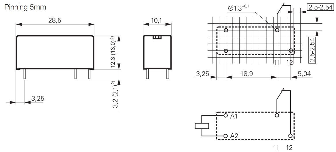Relejs DC12V, SPST-NO, 8A/250VAC, 8A/30VDC, 620R(19.3mA), IP40, viens kontakts uz saslēgšanu, 28.5x10.1x12.3mm, TE Connectivity