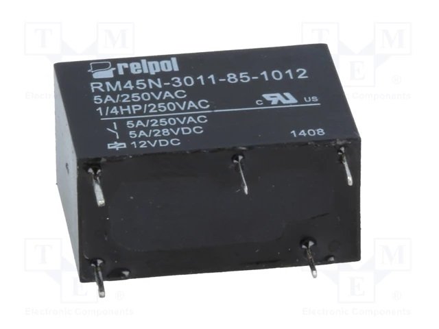 Relejs DC12V, SPDT, 5A/250VAC, 5A/30VDC, 320Ω(37.5mA), viens kontakts uz pārslēgšanu, 20.5x10.6x15.6mm, RELPOL