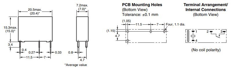 Relejs DC5V, SPST-NO, 5A/250VAC, 3A/30VDC, 125R(40mA), viens kontakts uz saslēgšanu, 20.5x7.2x15.3mm, OMRON