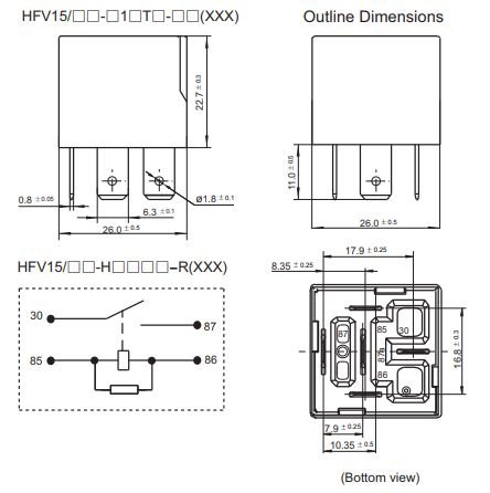 Relejs DC12V, SPST-NO, 40A/12VDC, 79.5R(150mA), viens kontakts uz sasslēgšanu, 26x26x22,7mm, HONGFA RELAY