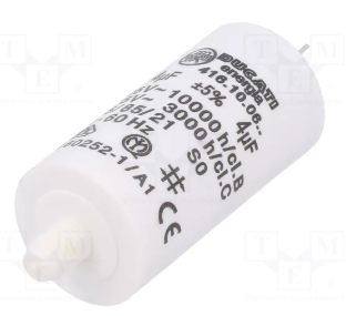 4.0/475VAC, ±5%, elektromotoru kondensators, klemes 6.3mm, 3000h, M8, Ø28x55mm