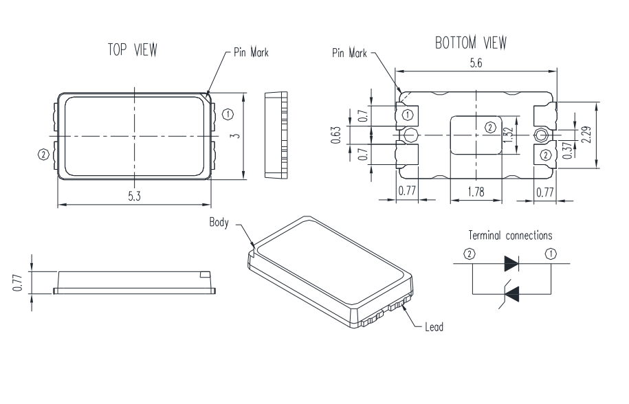 Gaismas diode SMD, aukstā balts(5000(typ)K), 5630(5.6x3x0.9mm), 59...63.5lm, 2.9...3.3V/120mA, 120grad., 5630