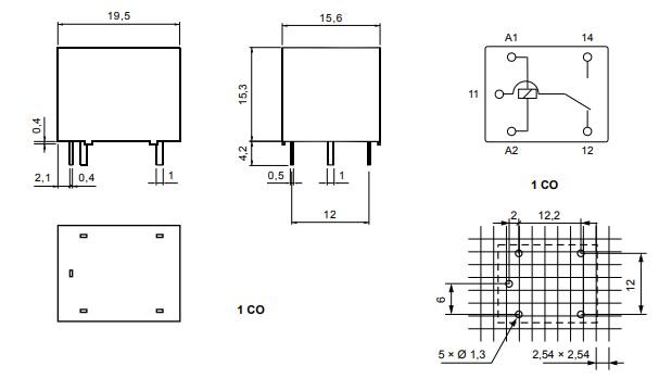 Relejs DC5V, SPDT, 12A/125VAC, 12A/28VDC, 70R(72mA), viens kontakts uz pārslēgšanu, 19x15.6x15.3mm, RELPOL