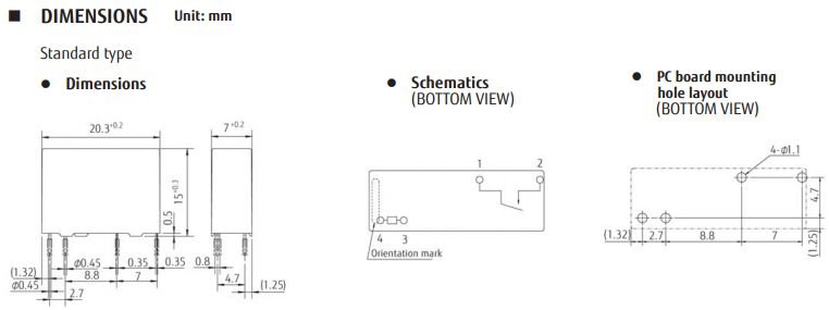 Relejs DC5V, SPST-NO, 3A/125VAC, 3A/30VDC, 125R(40mA), viens kontakts uz saslēgšanu, 20.3x7.0x15mm, FUJITSU