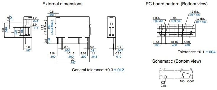 Relejs DC5V, SPST-NO, 5A/250VAC, 5A/30VDC, 227Ω(21.9mA), viens kontakts uz saslēgšanu, 20x12.5x5mm, PANASONIC