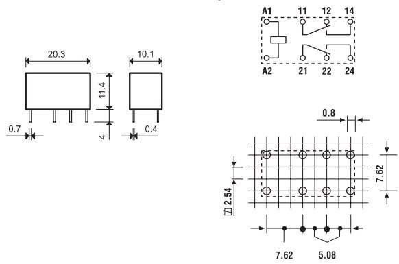 Relejs DC12V, DPDT, 2x2A/125VAC, 2x2A/30VDC, 720R(16.6mA), divi kontakti uz pārslēgšanu, 20.3x10.1x11.4mm, FINDER