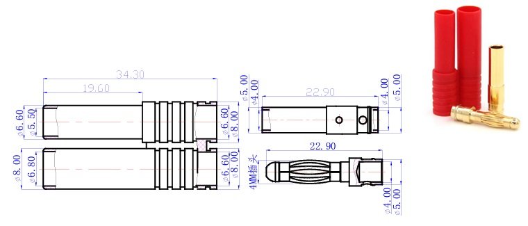 2Pin, AM1009L, "mama+papa", lodejamie vadam, 500V, 32A, 12AWG, sarkanā krasa