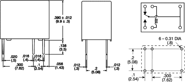 Relejs DC12V, SPDT, 1A/120VAC, 1A/24VDC, 960R(12.5mA), viens kontakts uz pārslēgšanu, 7.4x12.3x9.9mm, TE Connectivity
