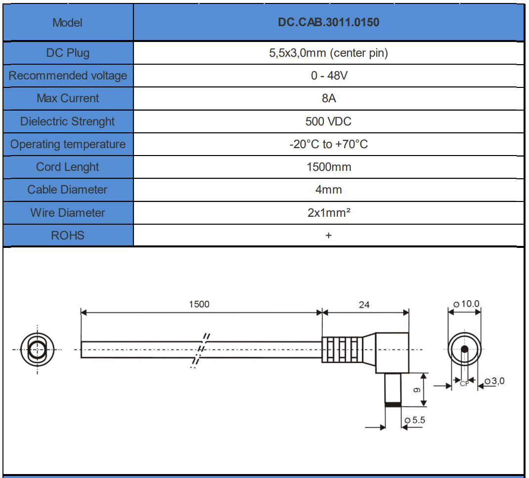 5.5/3.0/1mm, L=9mm, leņķisks štekers, 78V/8A, 2x1mm2, ar vadu 1.5m