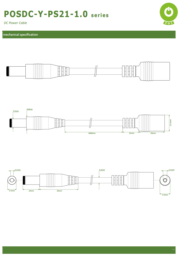 5.5*2.1mm spraudnis/5.5*2.1mm ligzda, L=10mm, pagarinājs, taisns, 60V/3A, 0.5mm2, vads, 1m