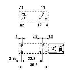 Relejs DC12V, SPDT, 10A/250VAC, 10A/24VDC, 580R(20.6mA), viens kontakts uz pārslēgšanu, 30.2x15.4x10.2mm, FINDER