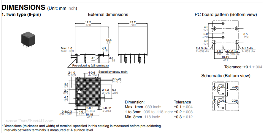 Relejs ar 2 tinumiem, 12VDC, SPDTx2, 20A/14VDC, 180R(66mA), viens kontakts uz pārslēgšanu, 12.2x13.7x13.5mm,  PANASONIC