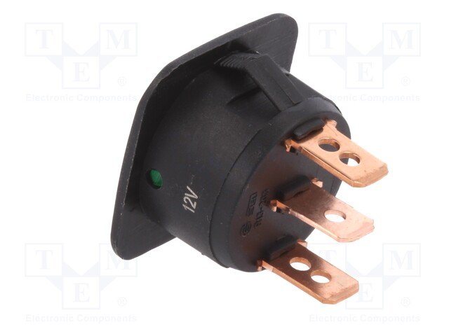 Taustiņslēdzis SPST, ON-OFF, 25A/12VDC, 28x28mm, Ø24mm, lanpiņa 12VDC(zaļa), melna krasa, ar fiksāciju