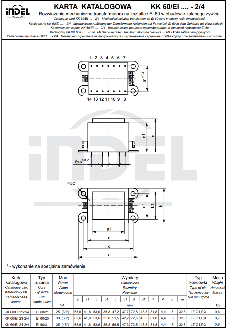 Transformators 220V=>2x15V, 2x1500mA, 45VA, 63.6x53.6x56.6mm