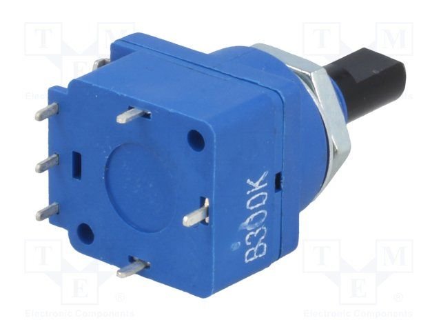 300K mono, ar spiedpogu slēdzi, 20.5x17.2x17mm, 200mW, 6mm, D profils, potenciometrs ar linearu atkarību