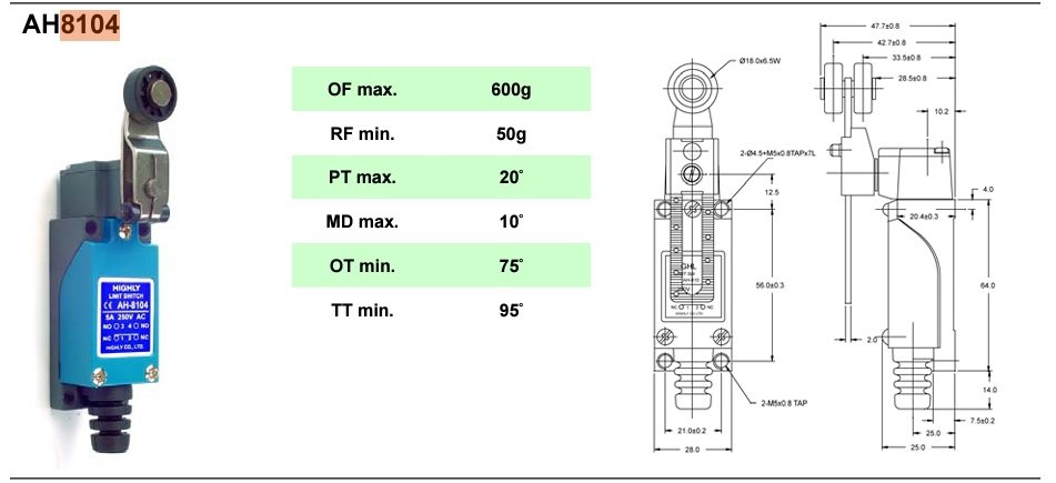 Gala slēdzis, ar sviru L=30mm un rulišiem Ø18mm, NO + NC, 5A/250VAC, IP64, 64x28x25mm