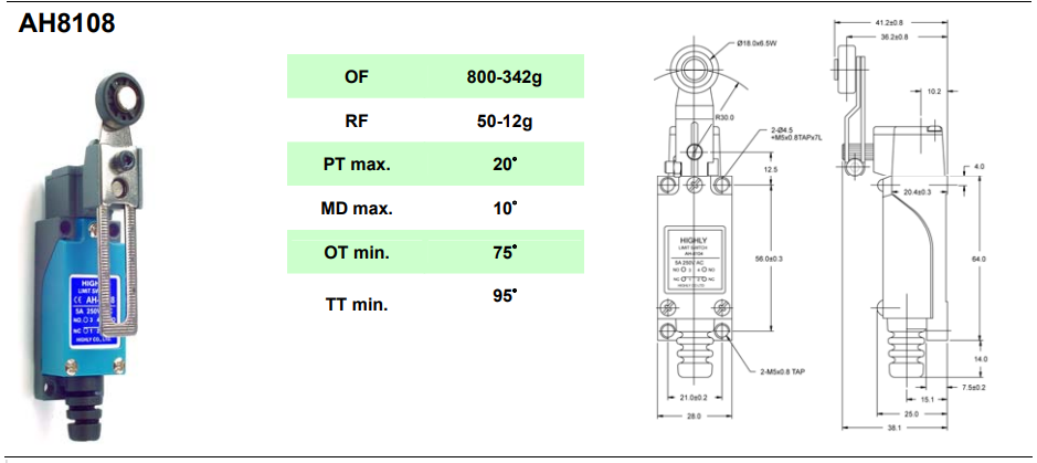 Gala slēdzis, ar regulejamu sviru L=20-72mm un rulišiem Ø18mm, NO + NC, 5A/250VAC, IP64, 64x28x25mm
