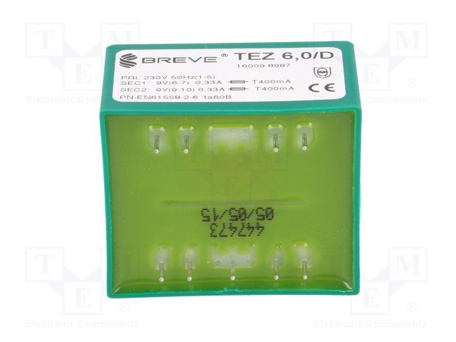 Transformators 220V=>2x9V, 2x330mA, 6VA, 45x38x32mm