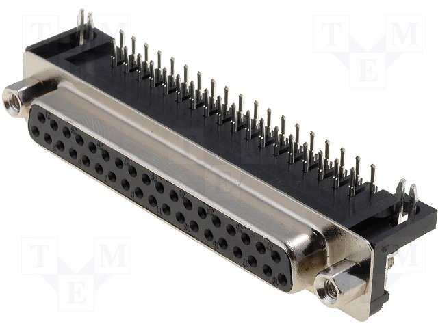 37PIN D-SUB, ligzda, PCB type, leņķisks, plastmasu korpuss