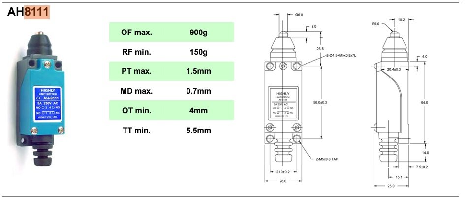 Gala slēdzis, pin plunger Ø6.8mm, NO + NC, 5A/250VAC, IP64, 64x28x25mm