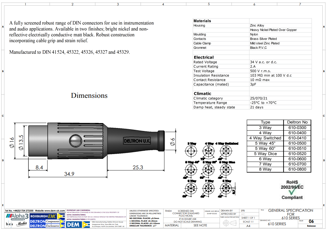 7DIN štekers. 34V/2A, 270°, DELTRON, uz vadu