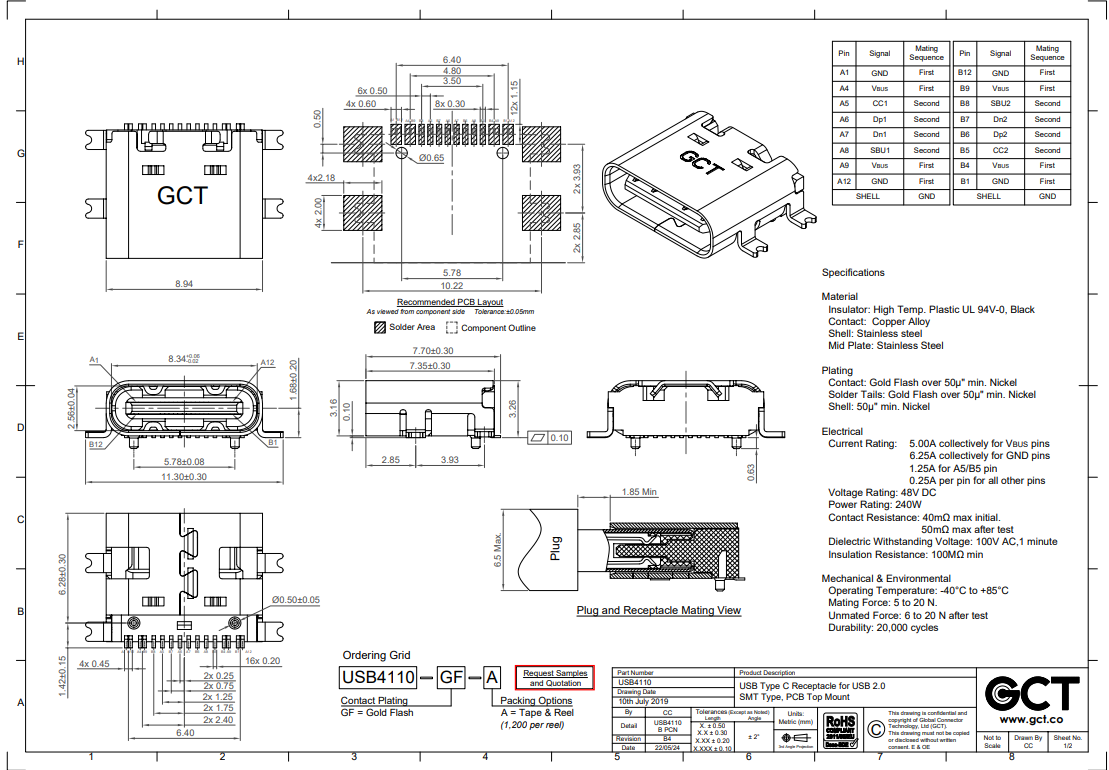 USB-C (type C), 2.0, ligzda uz šasija, SMD, 4 piestiprinājuma punkti, 16pin
