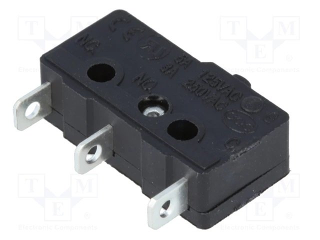 Mikropārslēdzējs bez sviras, SPDT, ON-(ON), 3A/250VAC, IP40, 19.8x6.4x10.2mm, 1.5N, viens kontakts uz parslēgšanu, HIGHLY