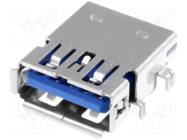 USB A(3.0) ligzda uz šasija, horizontāls, THT montāža, vidū platei, 4 piestiprinājuma punkti