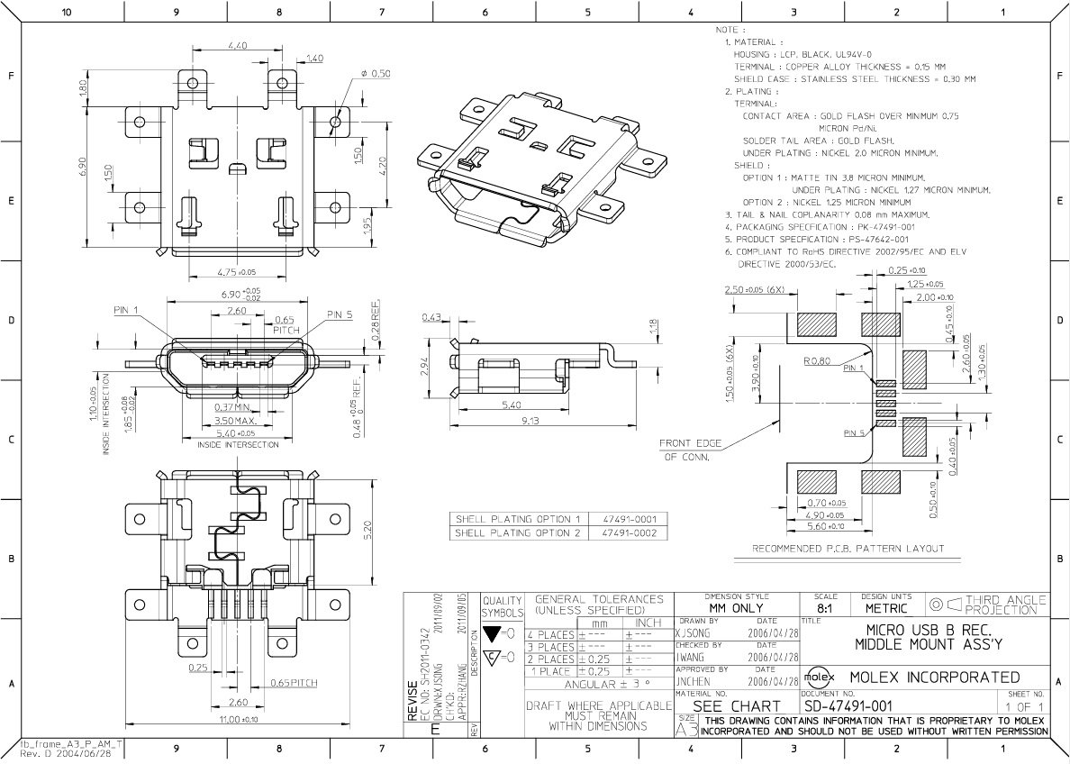 MicroUSB-B, ligzda 5 pin, leņkisks, SMD veida, vidū platei, 6 piestiprinājuma punkti, MOLEX