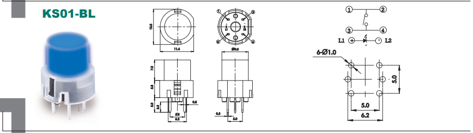 Poga SPST-NO, OFF-(ON), 0.01A/35VDC, PCB, LED2.2VDC, sarkans, Ø12mm, bez fiksacijas