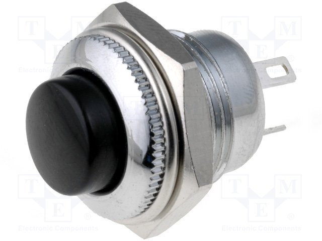 Poga SPDT, ON-(ON), 1.5A/250VAC, Ø16x30mm, M12, 1/2"-28UNEF, metala/melnā krasa, metals, lodejama, viens kontakts uz pārslēgšanu, bez fiksacijas