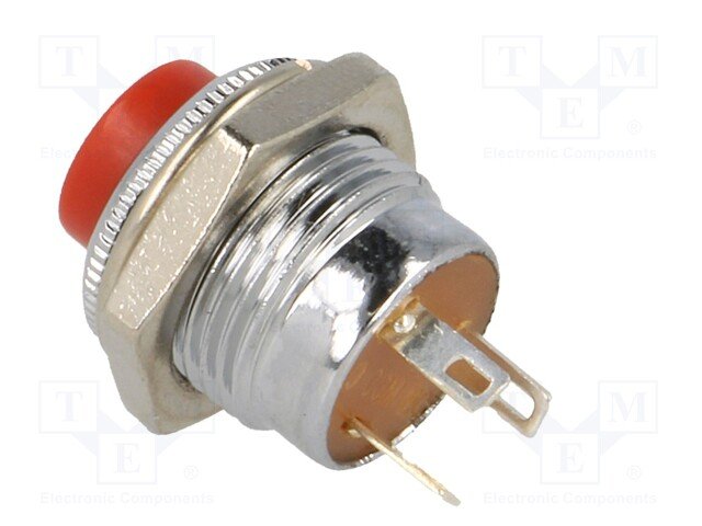 Poga SPDT, ON-(ON), 1.5A/250VAC, Ø16x30mm, M12, 1/2"-28UNEF, metala/sarkanā krasa, metals, lodejama, viens kontakts uz pārslēgšanu, bez fiksacijas