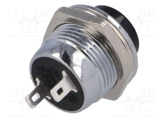 Poga SPST-NO, OFF-(ON), 3A/250VAC, Ø19x23mm, M16x1, metal/melna krasa, bez fiksacijas