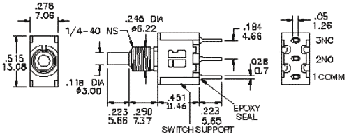 Poga SPDT, ON-(ON), 1A/125VAC, 1A/28VDC, Ø6.35mm, bez fiksacijas,  IC SWITCHES
