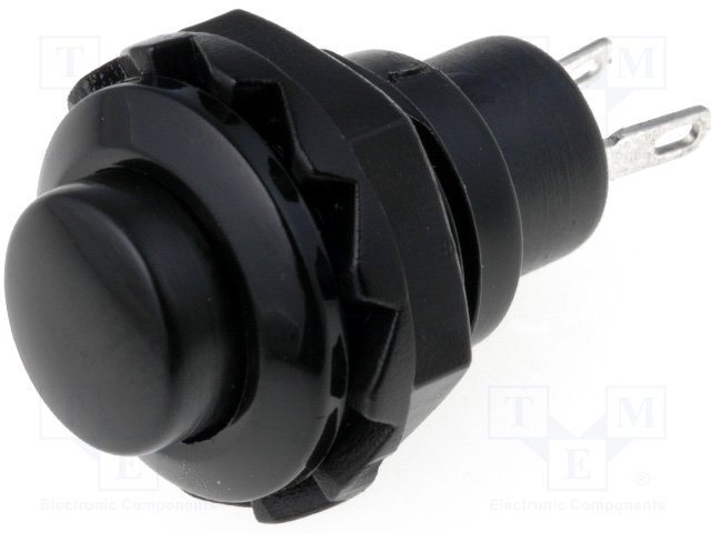 Poga SPST-NO, OFF-(ON), 1.5A/250VAC, M12, Ø16x30mm, melnā/melnā krasa, plastmasas, lodejama, bez fiksacijas