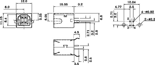 USB B(2.0) ligzda uz šasija aizmugura THT montāža