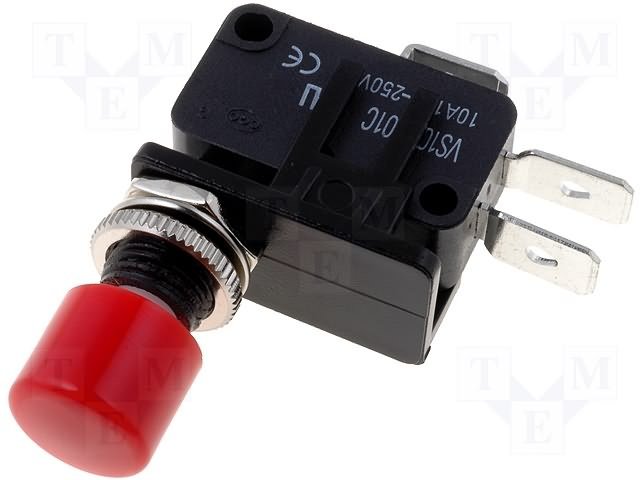 Poga SPDT, ON-(ON), 10A/250VDC, Ø10mm, 48.6x28mm, sarkanā krasa, klemes 6.35mm, leņķiska, viens kontakts uz pārslēgšanu, bez fiksacijas