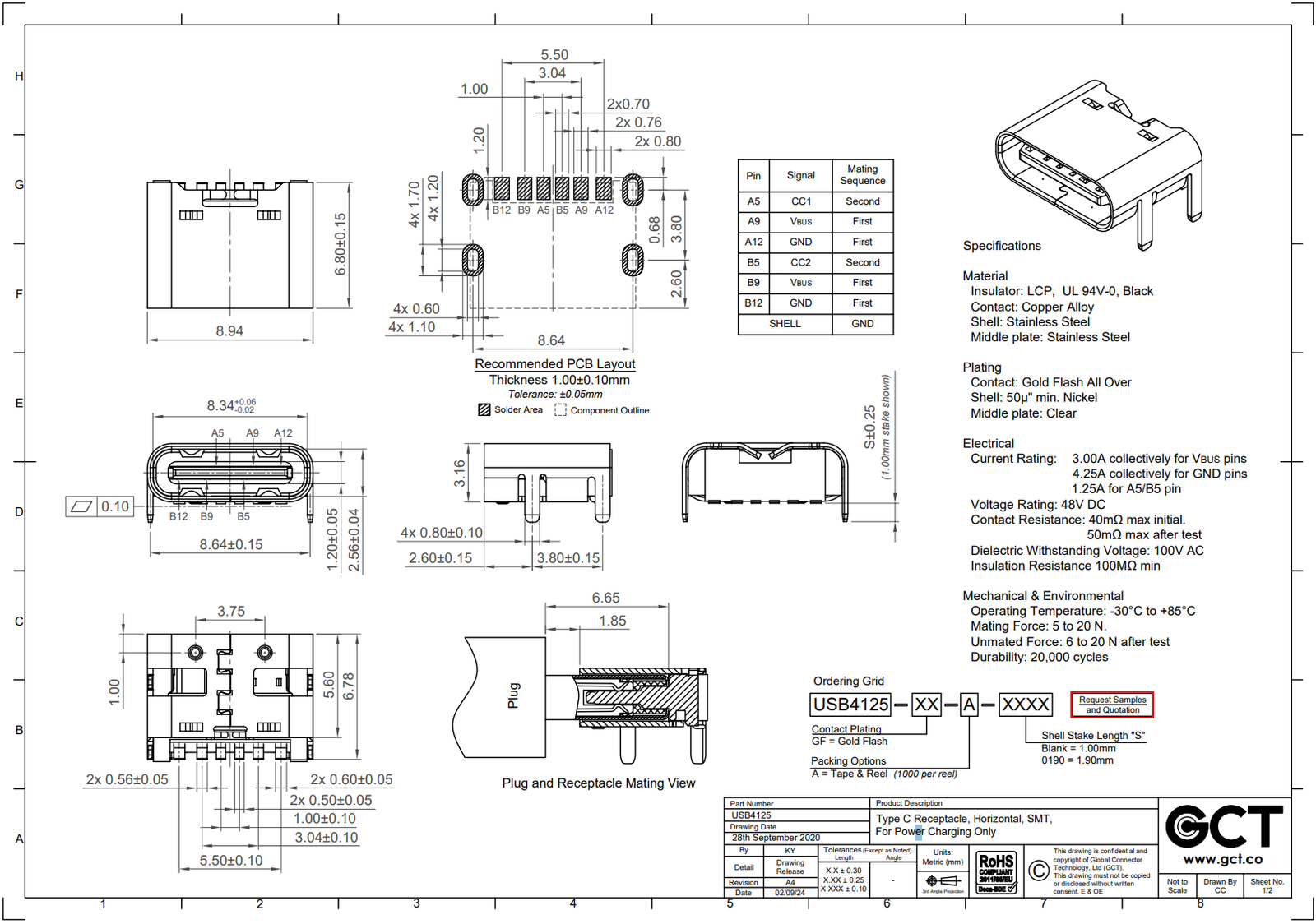 USB-C (type C), 2.0, ligzda uz šasija, SMD/SMT, 4 piestiprinājuma punkti, only for charging, 3A, 6pin