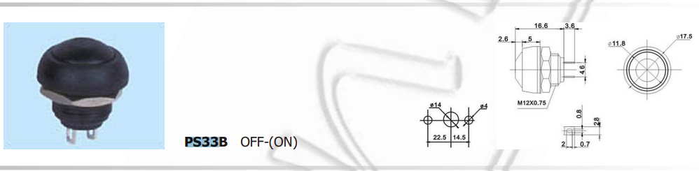 Poga SPST-NO, OFF-(ON), 1A/250VAC, M12, Ø18mm*20mm, sarkans, bez fiksacijas