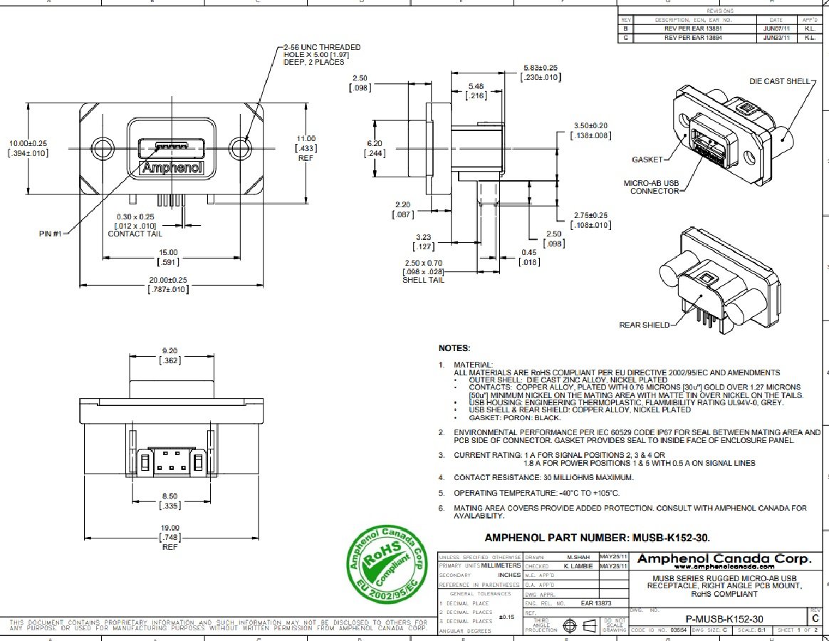 MicroUSB-AB(2.0) ligzda uz šasija, skruvejama, IP67,  AMPHENOL