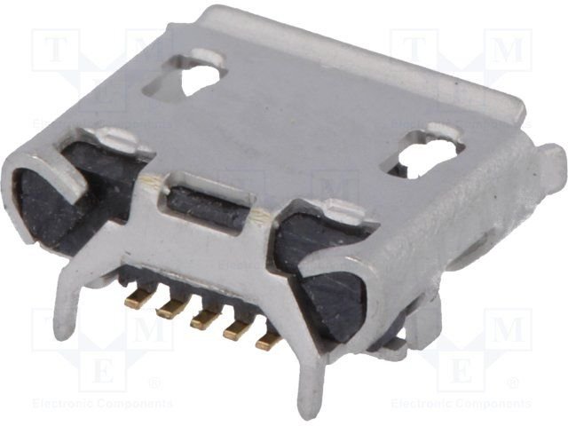 MicroUSB-B, ligzda 5 pin, leņkisks, SMD veida PCB, 4 piestiprinājuma punkti, (EDAC)