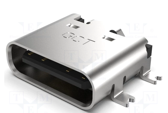 USB-C (type C), 2.0, ligzda uz šasija, SMD, 4 piestiprinājuma punkti, 16pin