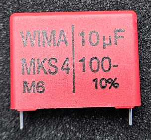 10mkF/100VDC, 63VAC, ±10%, poliesters kondensātors, 27.5mm, 13x24x31.5mm, WIMA