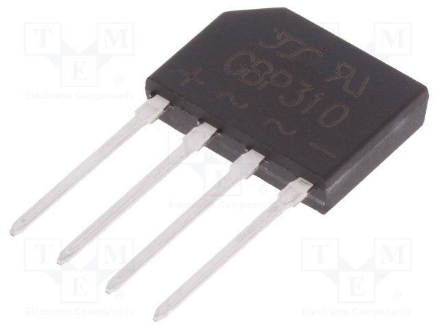 GBP310 diožu tilts, 1000V, 3A, 14.5x10.5x3.5mm, plakans, vertikāls