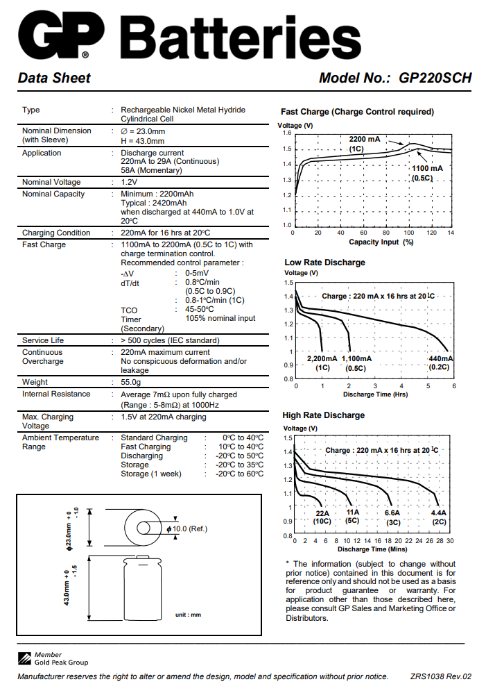 Akumulatori SubC, GP, ar plakaniem izvadiem, Ni-MH, 2200mAh, Ø23x43mm, 1.2V, 51.983gr.