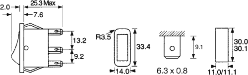 Taustiņslēdzis SPDT, ON-ON, 16A/250VAC, 20A/28VDC, 14x33.4mm, melnā krasa, ar fiksāciju