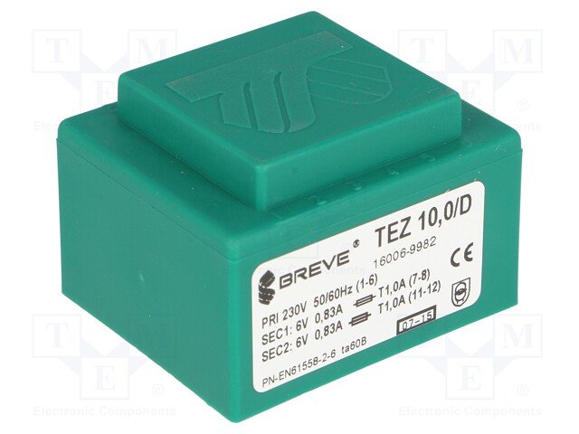 Transformators 220V=>2x6V, 2x833.3mA, 10VA, 44x53x27.9mm