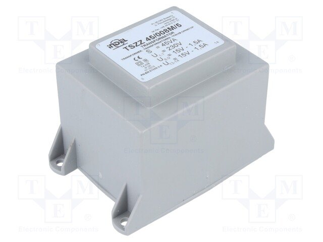 Transformators 220V=>2x15V, 2x1500mA, 45VA, 63.6x53.6x56.6mm